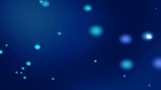 Dark blue bokeh background with blurred glowing bluish spheres. Unfocused blue bokeh background for blurry background