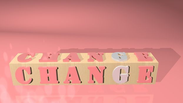 Letter change with 3D shapes on a beautiful background. 3D rendered golden letter change on a wooden square block with a pink floor background.