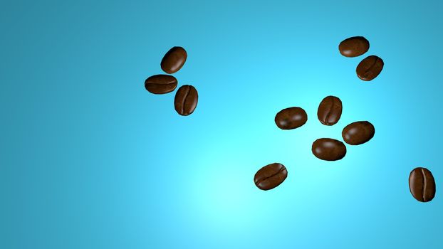 Scattered roasted coffee beans background with copy space for text and advertisements. Coffee beans are healthy for human brain and nervous system. 3D rendering