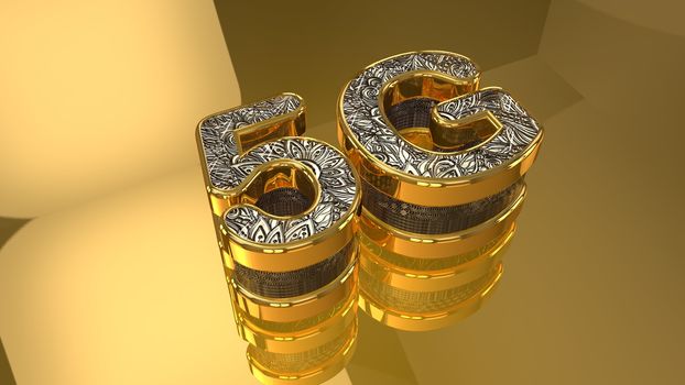 Letter 5G with 3D shapes on a beautiful background. 3D rendered golden letter 5G on a metal flower background.
