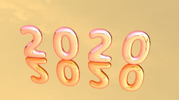 Letter 2020 with 3D shapes on a beautiful background. 3D rendered shiny letter 2020 on a mirror reflecting background.