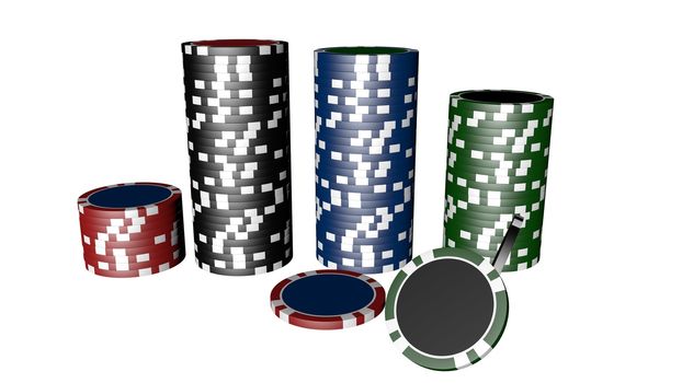 Set of poker chips of different colors and composition isolated on white background.