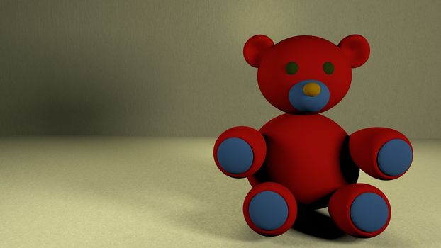 Cute baby teddy bear on beautiful background. 3D rendered colorful teddy bear sitting on floor against grey background