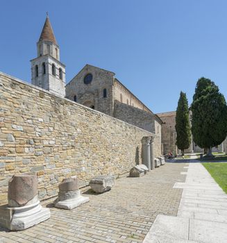 Aquileia, Italy. July 5, 2020. Some Roman archaeological finds in front of the basilica of Aquileia, Italy