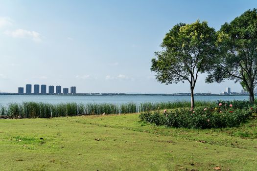 The city on the opposite side of the lake. Photo in Suzhou, China.