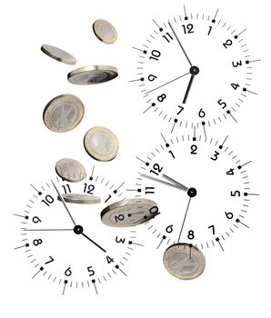 Time is money concept. Euro coins flying between clock faces on white background