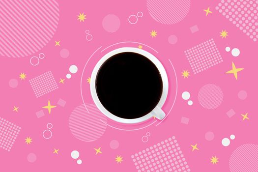 Top view White ceramic cup of black coffee on cute pink background, yellow star, square dots and straight-line circle . Kawaii backdrop. 