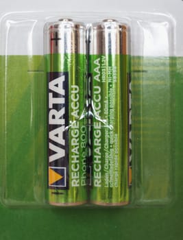 HANNOVER, GERMANY - CIRCA MAY 2020: Box of Varta rechargeable batteries