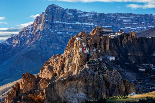 Dhankar monastry perched on a cliff in Himalayas. Dhankar, Spiti Valley, Himachal Pradesh, India