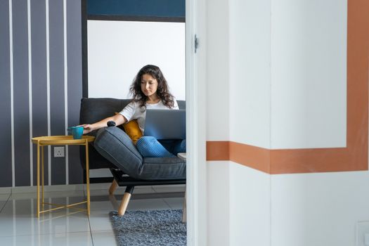 Beautiful girl sitting with a laptop on a sofa in a stylish room. Work from home. Work atmosphere in a good mood.