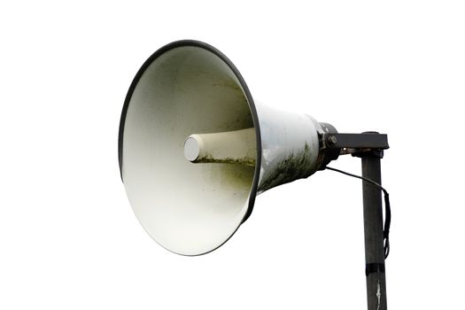 Public address system megaphone speaker cut out on and isolated on a white background