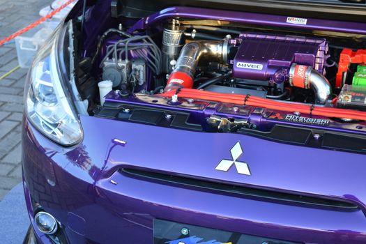 PASAY, PH - DEC 8 - Mitsubishi mirage motor engine at Bumper to Bumper car show on December 8, 2018 in Pasay, Philippines.