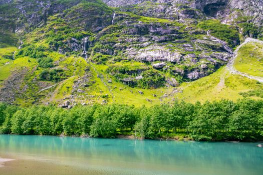 Norway landscapes. Beautiful mountainous landscape around Norwegian fjord in sunny day. Beautiful Nature Norway natural landscape.