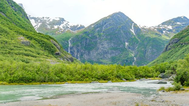 Norway landscapes. Beautiful mountainous landscape around Norwegian fjord in sunny day. Beautiful Nature Norway natural landscape.