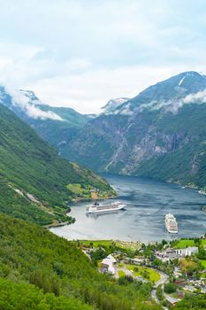 Geiranger seaport View Point. Norway nature and travel background. Tourism holidays and travel.