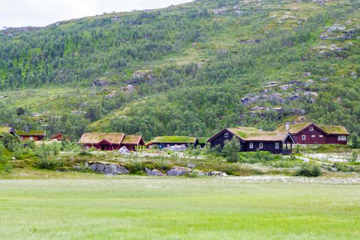 Norwegian country house. Scenic summer view of cottage houses in mountain village, Norway. House with grass roofs in Norway. Norwegian typical grass roof country house.