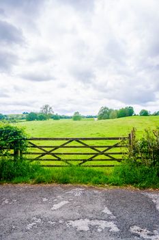 Wooden gate with open field, hawthron hedge and grey sky