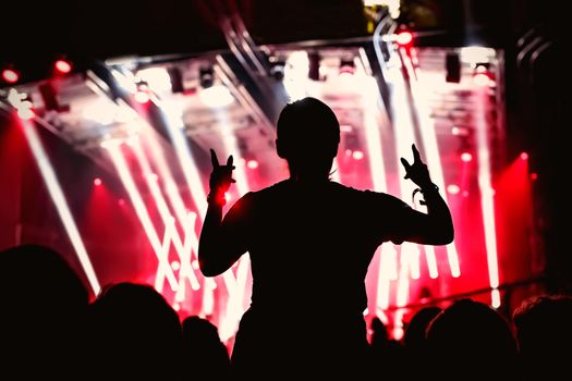 Silhouette of man with raised hands on music concert.