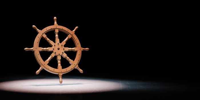 Wooden Rudder Wheel Spotlighted on Black Background with Copy Space 3D Illustration