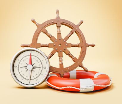 Navigation Equipment. Wooden Ship Rudder Wheel, Lifebelt and Compass on Yellow Background 3D Illustration, Travel Concept
