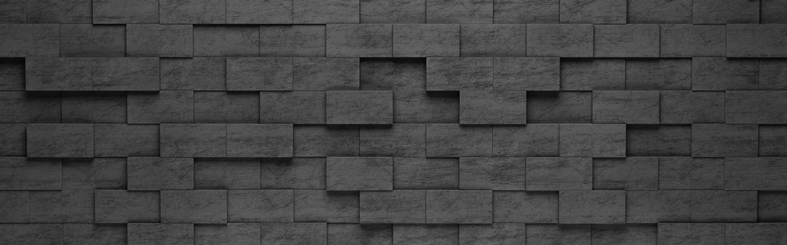 Wall of Black Rectangles Tiles Arranged in Random Height 3D Pattern Background Illustration
