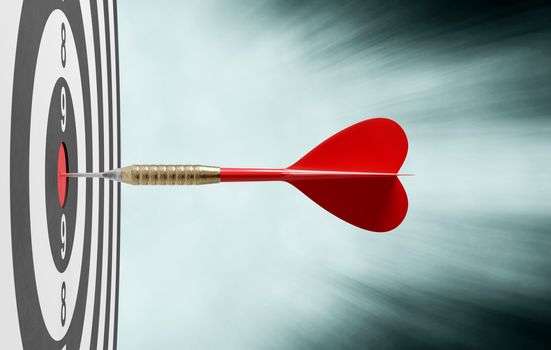One Red Dart Arrow Hitting Target on the Center of a Black and White Dartboard with Blurred Clear Blue Light Beams on Black Background. Goal, Achievement, Aim and Success Concept Closeup Illustration