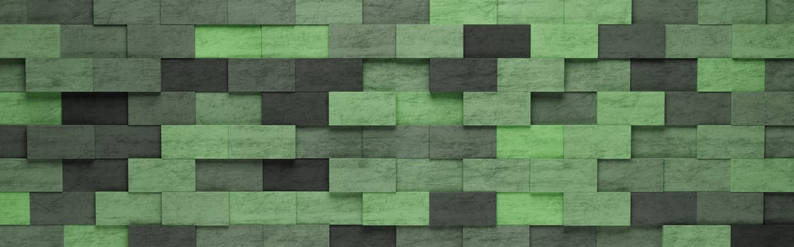 Wall of Green Rectangles Tiles Arranged in Random Height 3D Pattern Background Illustration