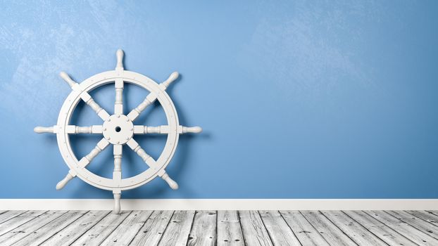 White Boat Rudder Wheel on Wooden Floor Against Blue Wall with Copy Space 3D Illustration