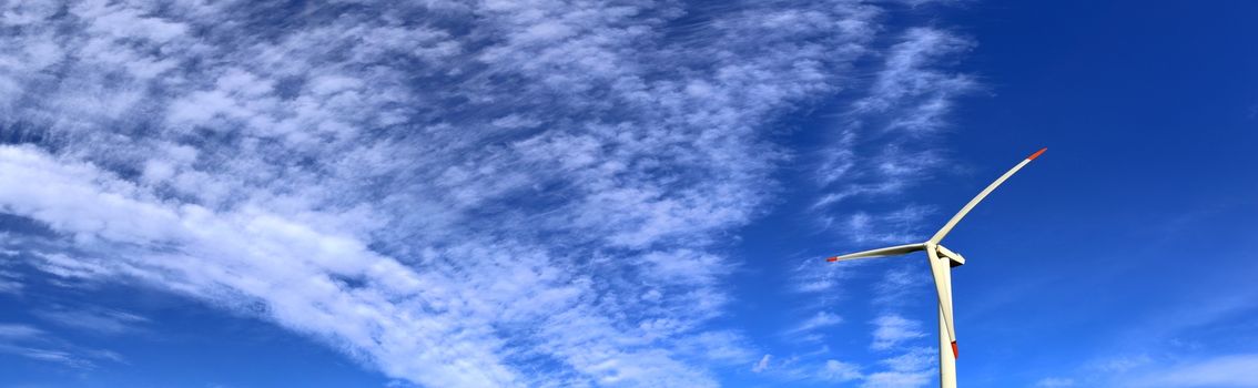 Panoramic view on alternative energy wind mills in a windpark