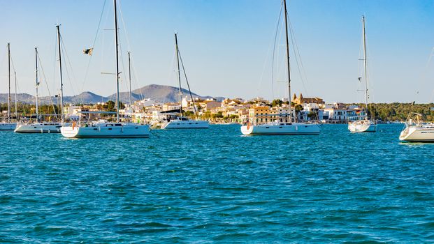 Beautiful view of coastline in Porto Colom, Majorca island, Mediterranean Sea Spain