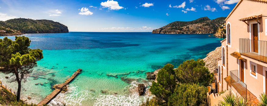 Idyllic sea view of bay in Camp de Mar, beautiful seaside on Mallorca island, Spain