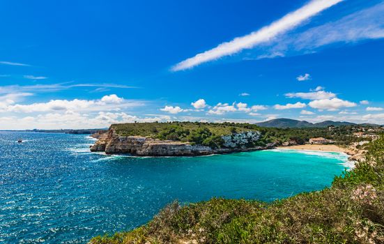 Idyllic panoramic view the coastline bay and beach of Cala Romantica on Mallorca island, Spain