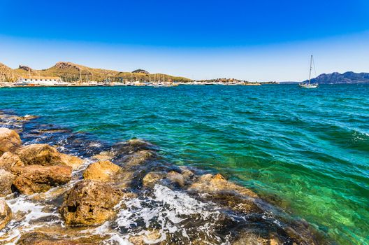 Beautiful view of the harbor at bay of Pollensa on Mallorca, Spain Mediterranean Sea