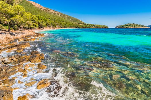 Island scenery, beautiful seaside beach of Platja de Formentor on Majorca island, Spain