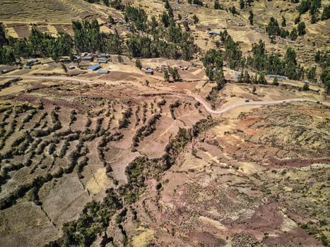 Aerial view of small village located high in Andes, Peru