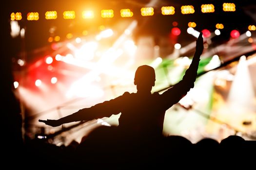 Raised hands in honor of a musical show on stage, People in the hall