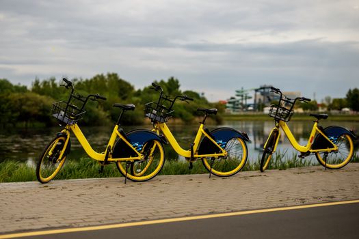 Two yellow city bikes by the lake.