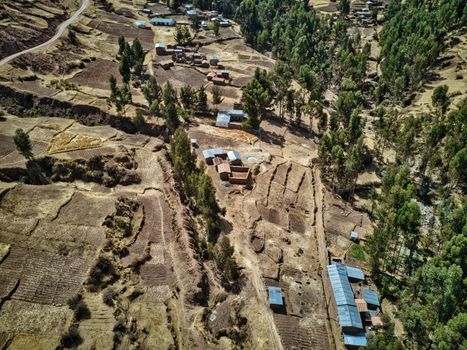 Aerial view of small village located high in Andes, Peru