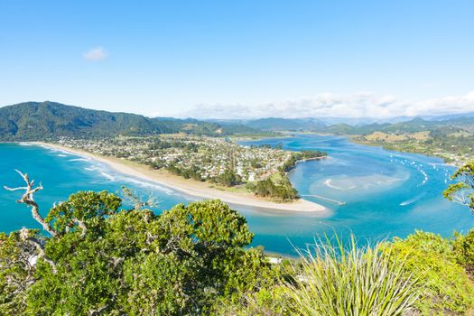 View of Tairua township and beach on Coromandel Peninsula, New Zealand.