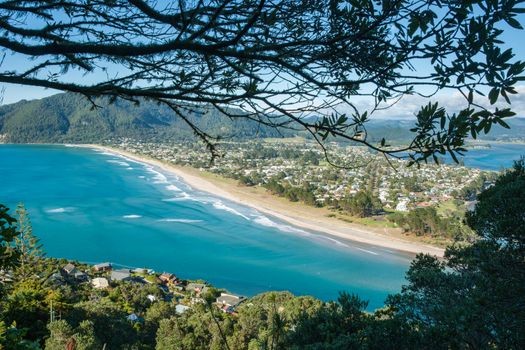 Tairua township and beach on Coromandel Peninsula, New Zealand.