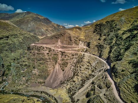 Aerial view of dangerous high-mountain road in Andes, South America