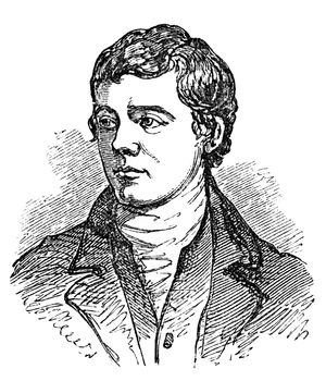 An engraved vintage illustration portrait drawing of Robert Burns the famous Scottish poet and author of Auld Lang Syne, from a Victorian book dated 1854 that is no longer in copyright