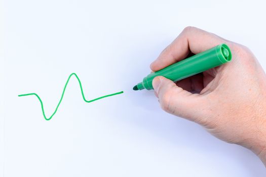 Hand holding a green  pen drawing a wavey line isolated on white background