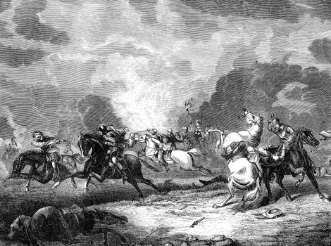 An engraved illustration image of  the Battle of Naseby during the English Civil War, from a Victorian book dated 1868 that is no longer in copyright