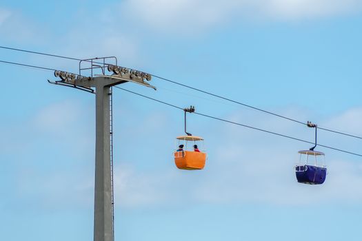 Coloured cable cars which climb the great Orme Mountain