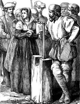 An engraved vintage illustration of the execution of the English queen Lady Jane Grey from a Victorian book dated 1897 that is no longer in copyright