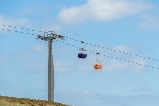 Coloured cable cars which climb the great Orme Mountain