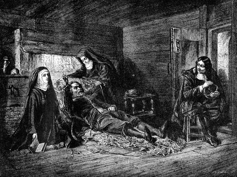 An engraved vintage illustration image of  Milton Visiting Galileo In The Prison Of The Inquisition from a Victorian book dated 1868 that is no longer in copyright