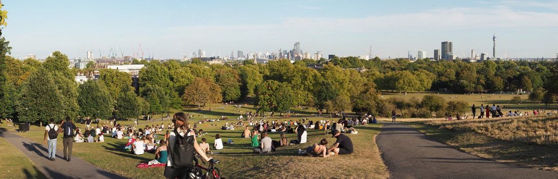 LONDON - CIRCA SEPTEMBER 2019: Wide panoramic view of London skyline seen from Primrose Hill, high resolution