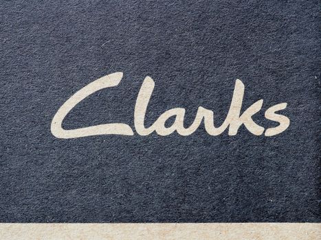 LONDON, UK - CIRCA DECEMBER 2019: Clarks sign